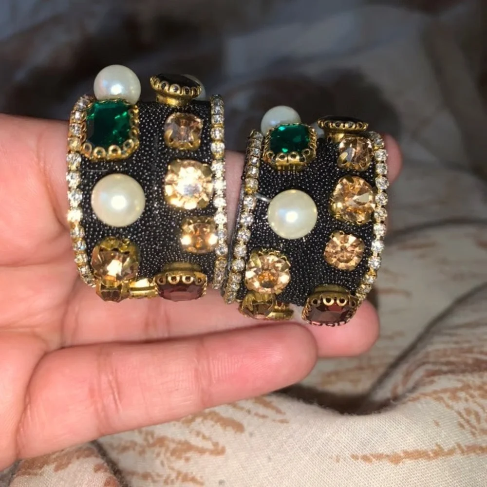 Black Gold Embellished Cuff Pearls and Emerald Crystals Luxurious Statement